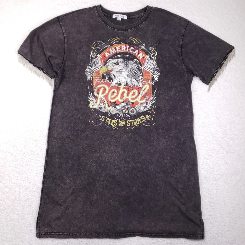 Mimi Chica American Rebel Eagle Graphic Tee Acid Wash Fringe Sleeve XL Rockabill